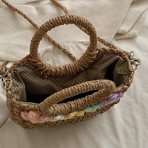 Boho Straw Crochet Colorful Flowers Crossbody Shoulder Tote Bag - Picture 4 of 5